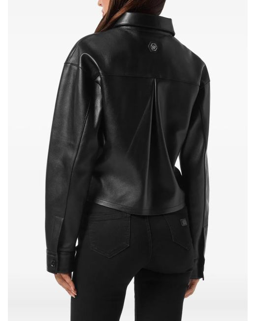 Philipp Plein Black Leather Cropped Shirt Signature