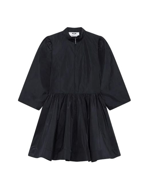 MSGM Blue High-Neck Gathered-Skirt Mini Dress