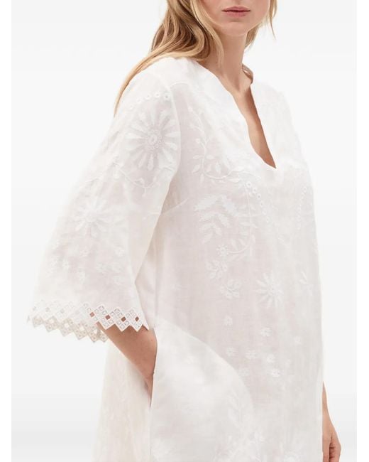 Eres White Aigue-Marine Embroidered Linen Mini Dress