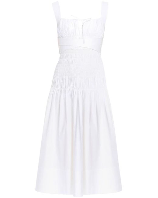 Self-Portrait White Ruched Cotton Midi Dress