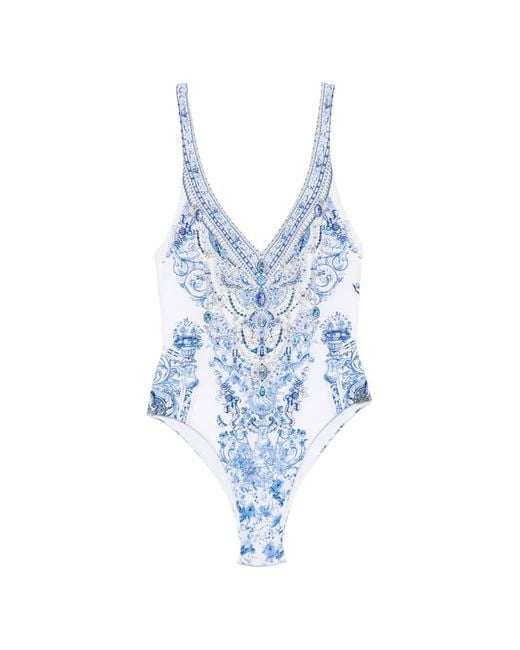 Camilla Blue Crystal-Embellished Baroque-Print Swimsuit