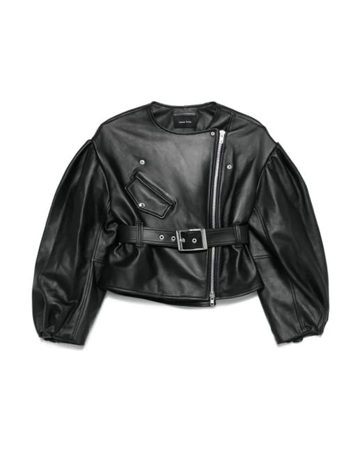 Simone Rocha Leren Jack Met Pofmouwen En Ceintuur in het Black