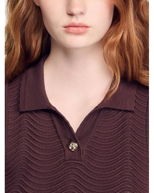 Sandro Brown Scalloped-Hem Single-Button Top