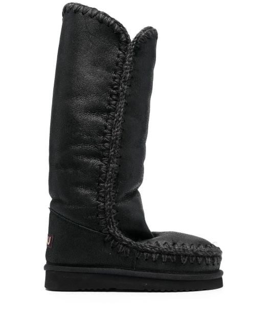 Mou Black Whipstitch-Trim Shearling-Lined Boots