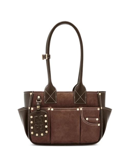 Ganni Brown Small Posy Stud Embellished Shoulder Bag