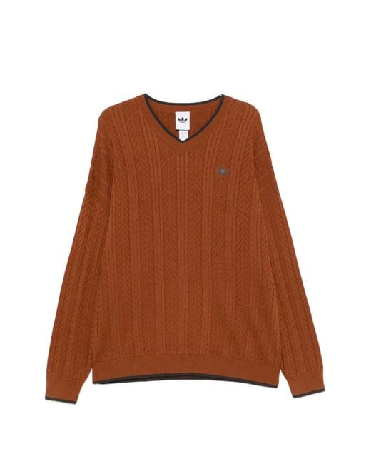 Adidas Brown Cable-Knit V-Neck Sweater for men
