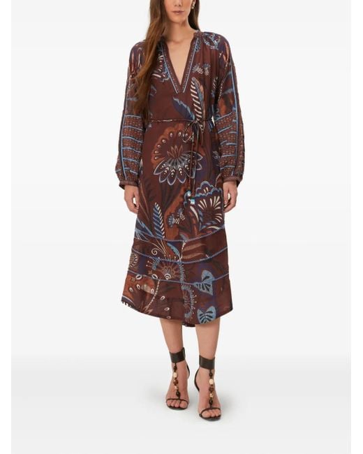 Farm Rio Delicate Garden Midi-Jurk Met V-Hals in het Red