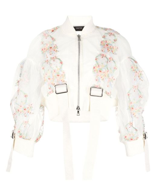 Simone Rocha Natural Floral-embroidered Semi-sheer Bomber Jacket