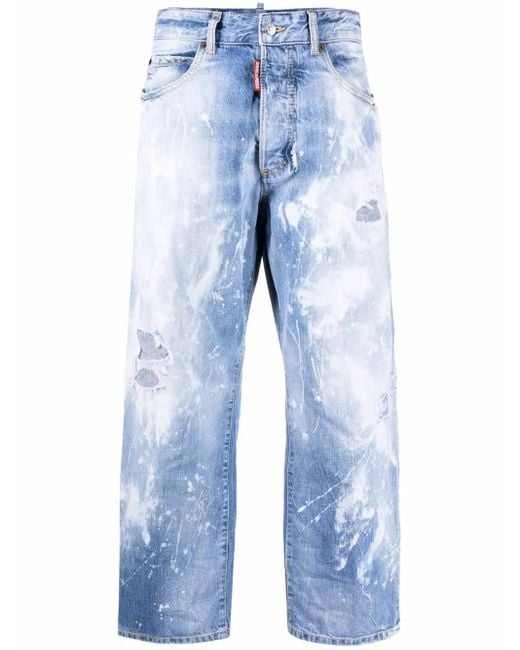 DSquared² Blue Distressed Paint-Splattered Wide-Leg Jeans