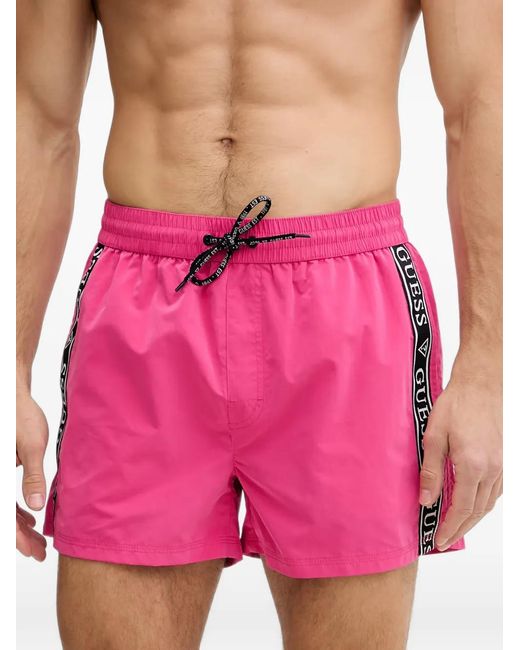 Guess Pink Logo-Tape Drawstring Swim Shorts for men