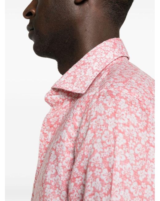 Barba Napoli Pink Floral-Print Linen Shirt for men