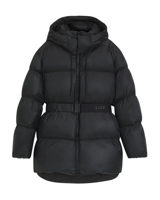 HUGO Black Hooded Belted Coat