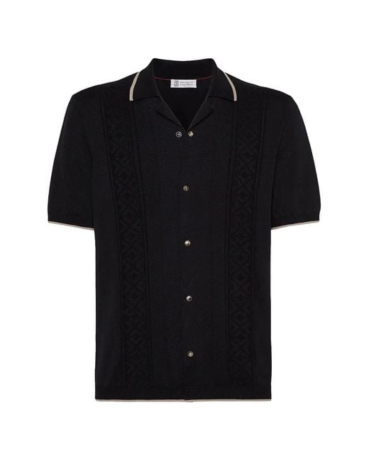Brunello Cucinelli Black Cable-Knit Short-Sleeve Shirt for men