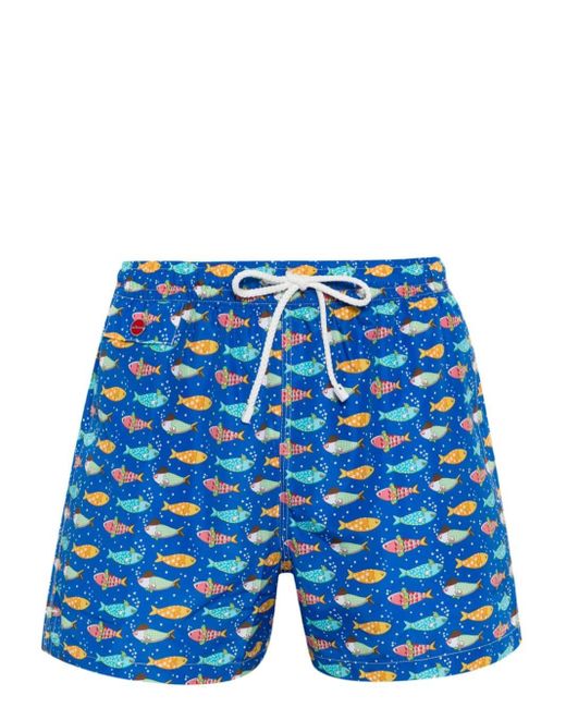 Kiton Blue Fish-print Swim Shorts for men