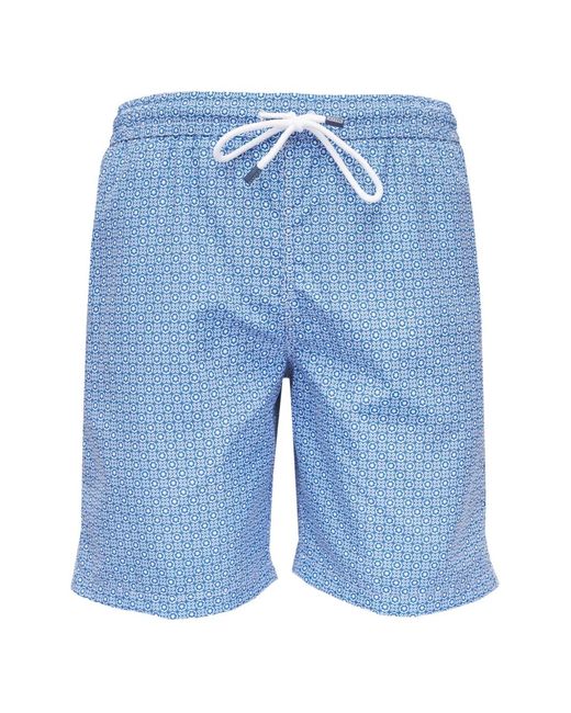 Fedeli Blue Drawstring Patterned Swim Shorts for men
