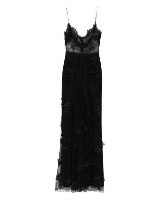 Nissa Black 3D Floral Embellished Lace Maxi Dress