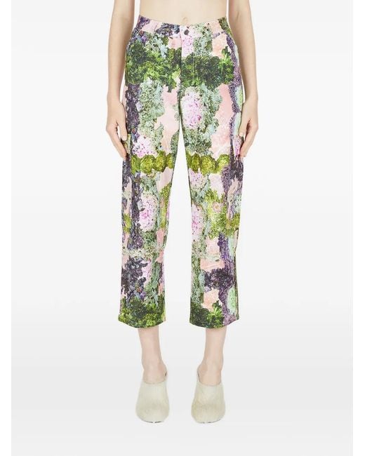 Collina Strada Green Floral-Detail Trousers