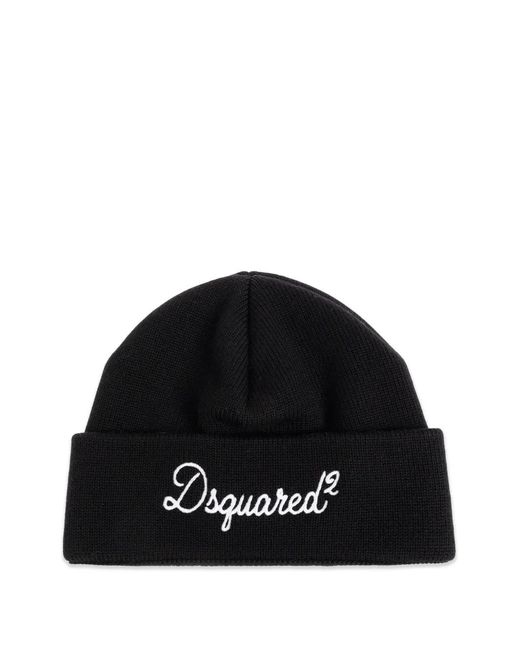 DSquared² Black Logo-Embroidered Beanie Hat for men