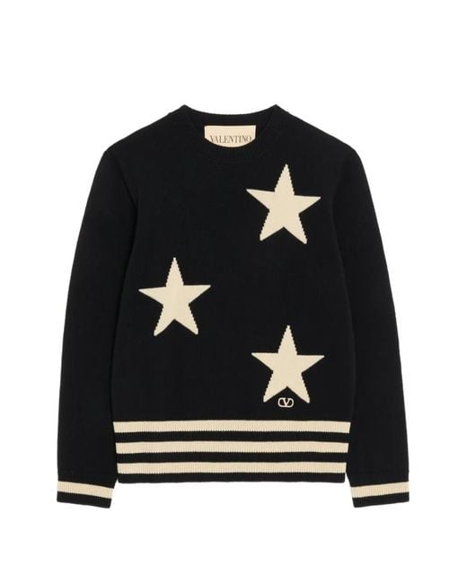 Valentino Garavani Black Wool Crew-Neck Sweater With Star Motif And Vlogo Embroidery for men