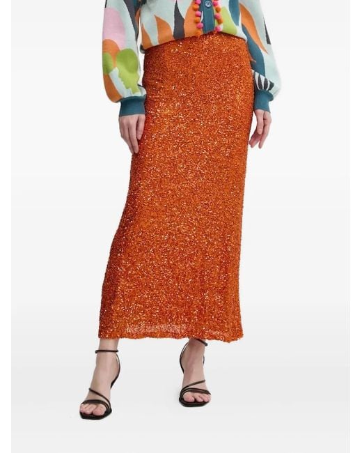 Never Fully Dressed Orange Sequin Midi Skirt