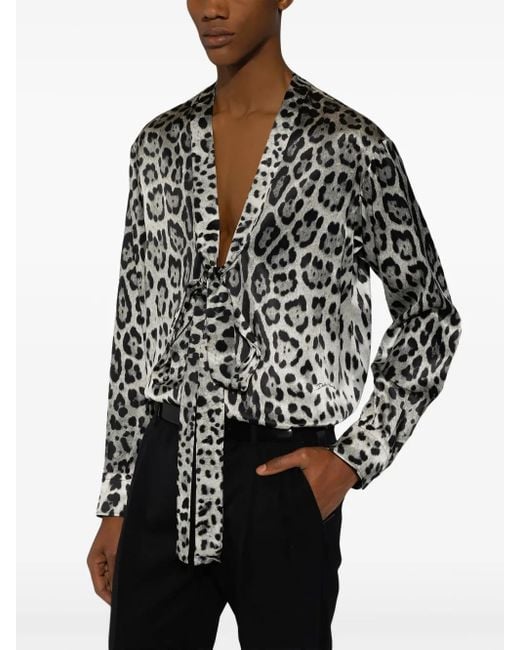 Dolce & Gabbana Gray Leopard-Print Silk Satin Pussy-Bow Shirt for men