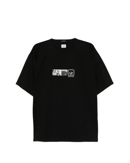 C P Company Black Metropolis Series Mercerized Jersey Short Sleeve Back Embroidery T-Shirt for men