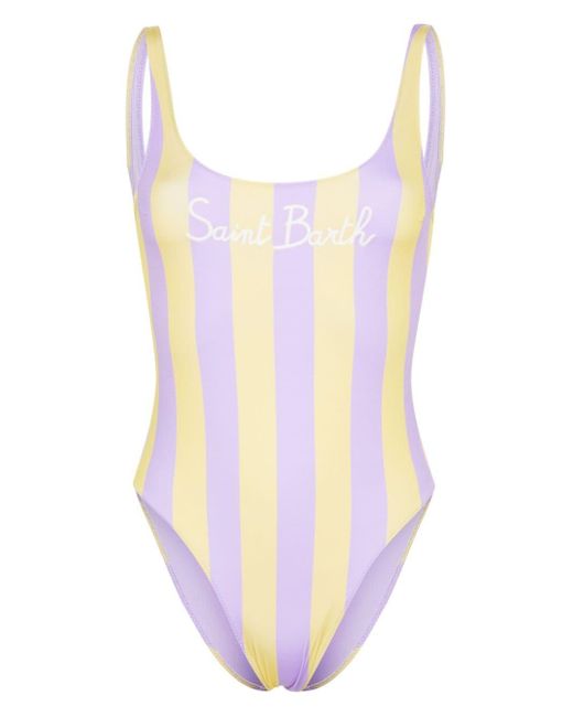 Mc2 Saint Barth White Logo-embroidered Striped Swimsuit