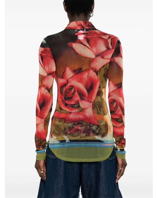 Jean Paul Gaultier Red Mesh-Hemd mit Rosen-Print