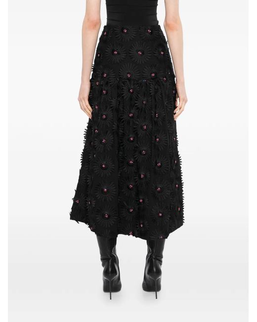 Farm Rio Black Floral-Appliqué Midi Skirt