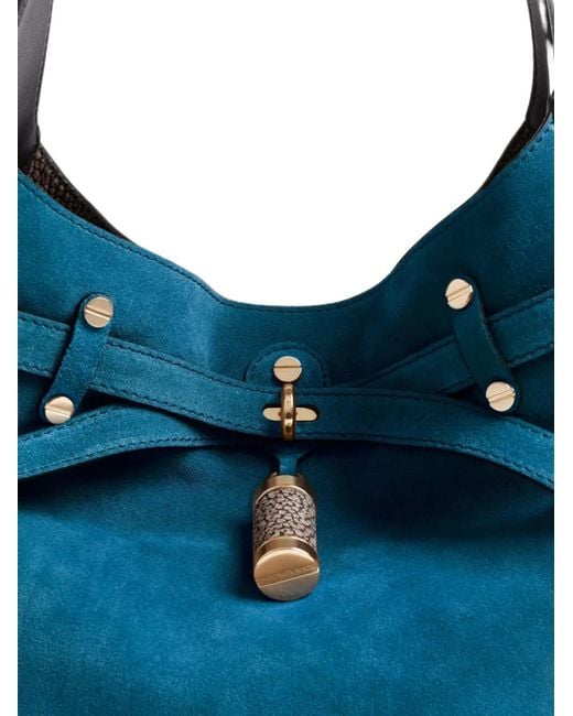 Borbonese Blue Medium Premiere Buckle-Detail Suede Bucket Bag