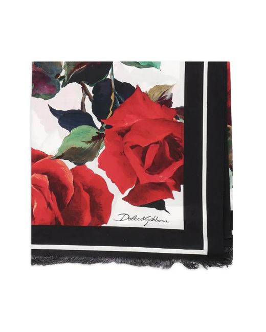 Dolce & Gabbana Red Rose-Print Fringed Cover-Up Scarf