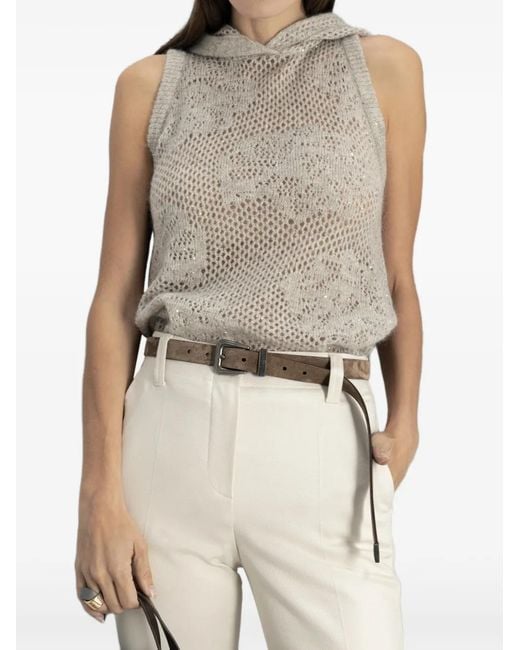 Brunello Cucinelli Natural Sequin-Embellished Hooded Open-Knit Vest