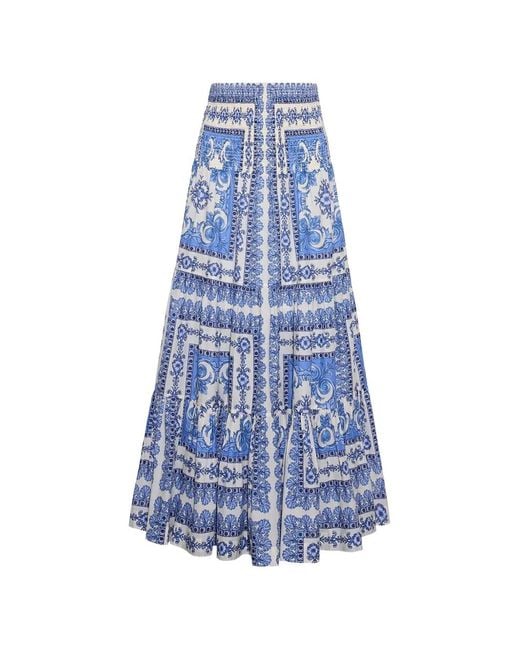 Cara Cara Blue Emilia Tiered Scarf-Print Maxi Skirt