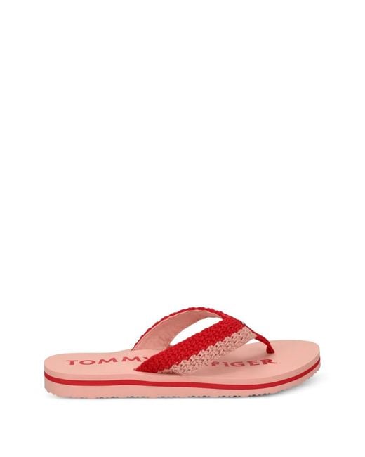 Tommy Hilfiger Red Crochet-Knit Thong Flip-Flops