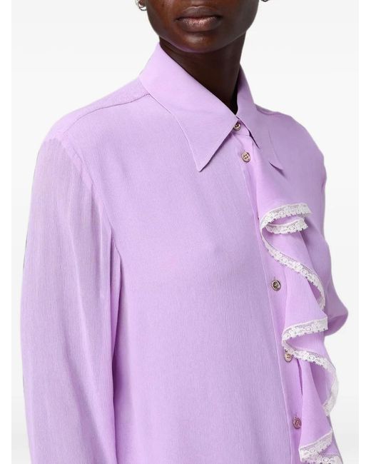Alberta Ferretti Purple Lace-Trim Ruffled Shirt