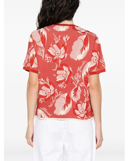Fendi Red Floral-Pattern Short-Sleeved T-Shirt