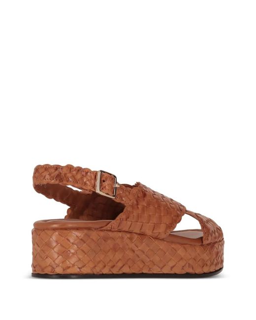 LA ROSE Brown Woven Crossover Platform Sandals