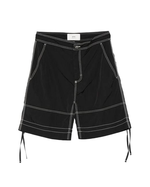 AMI Black Contrast-Stitch Bermuda Shorts for men