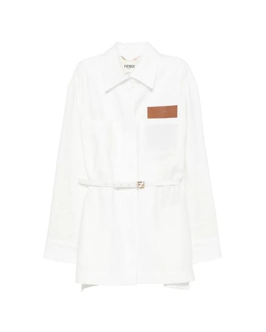 Fendi White Gürtel-Hemd Mit Logo-Patch