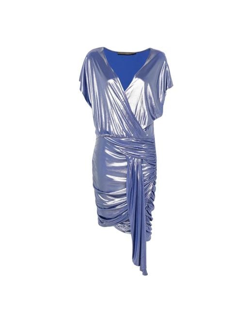 SIMONA CORSELLINI Blue Metallic-Finish Ruched Mini Dress