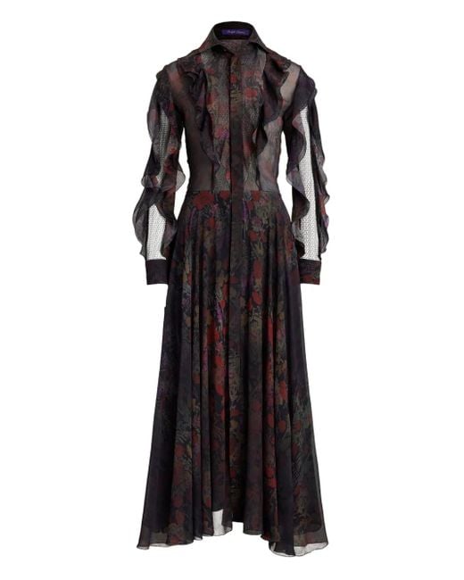 Ralph Lauren Black Ruffled Floral-Print Midi Dress