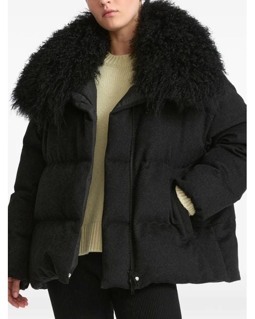 Yves Salomon Black Shearling-Collar Padded Coat