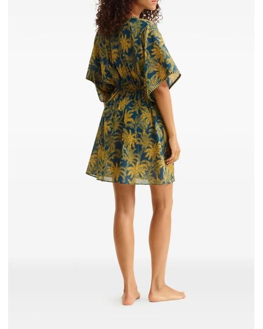 Eres Green Peninsule Palm-Print Drawstring-Waist Mini Dress
