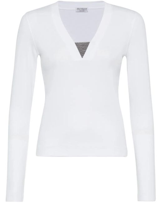 Brunello Cucinelli White Long Sleeve V-Neck T-Shirt