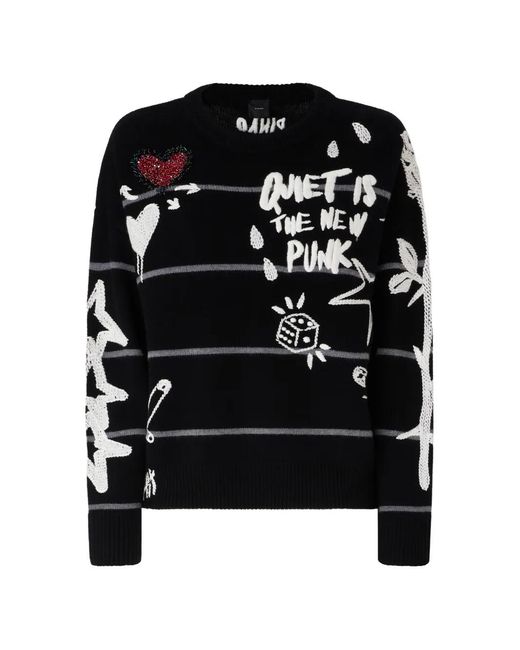 Pinko Black Intarsia-Knit Sequin-Embellished Sweater