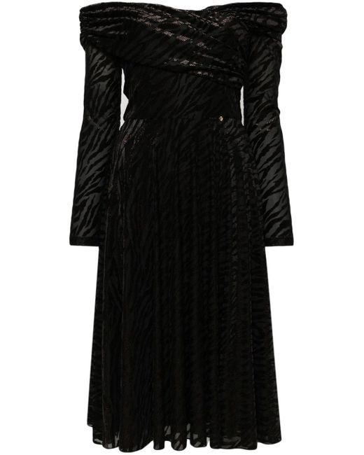 Nissa Black Off-shoulder Devoré Midi Dress