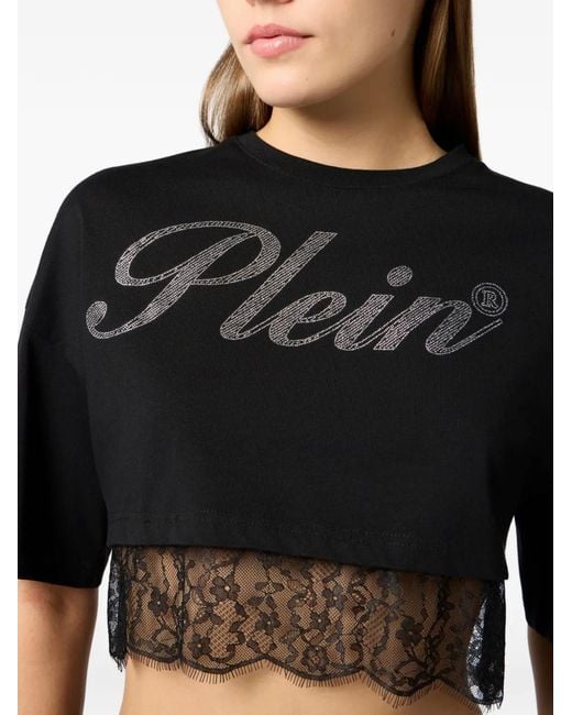 Philipp Plein Black Lace Cropped T-Shirt