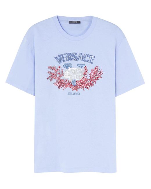 Versace Blue University Coral Embroidered T-Shirt for men