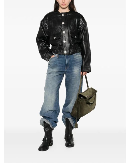 R13 Black Quilted Button Leather Jacket