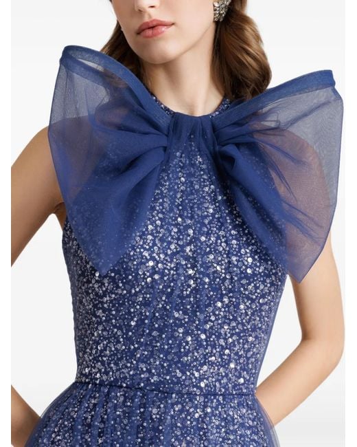 Gemy Maalouf Blue Sequin-Embellished Bow-Detail Dress